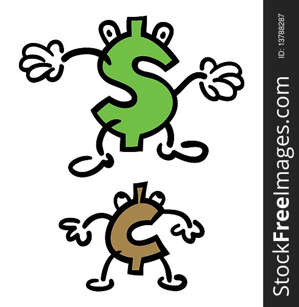Vector illustrations of cartoon dollar and cent signs
