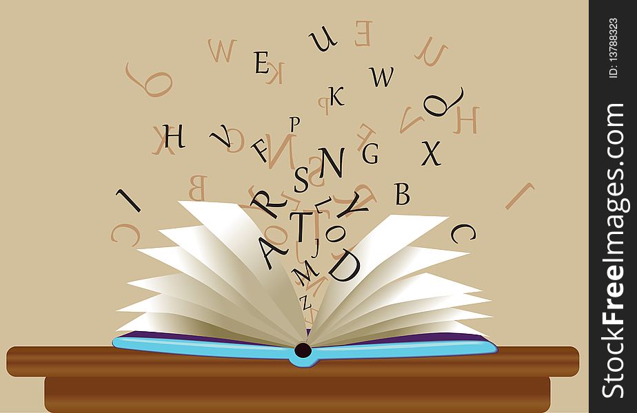 Open book on a table with letters. Vector.
