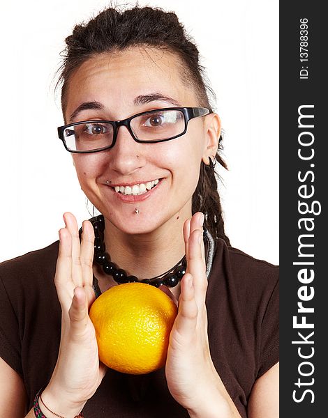 Girl with dreadlocks show an orange, isolated. Girl with dreadlocks show an orange, isolated