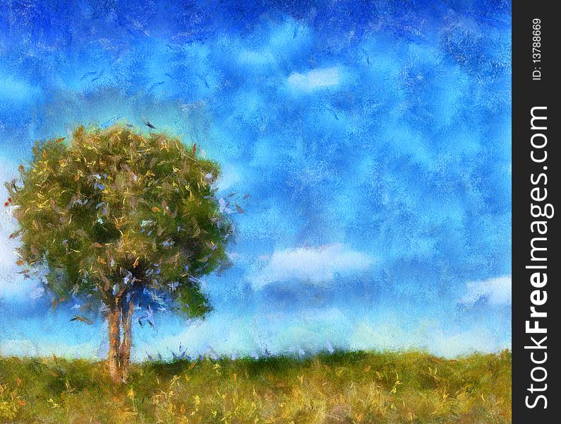 Illustration, attractive lonely tree in the field. Illustration, attractive lonely tree in the field