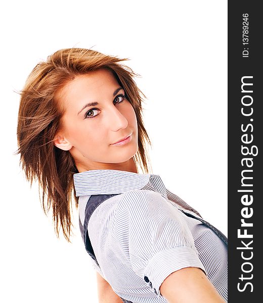 Young woman in shirt over white background