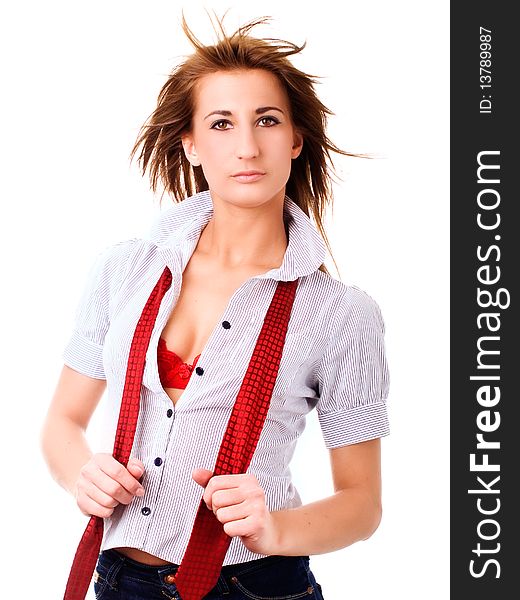Sexy Woman With Tie Over White