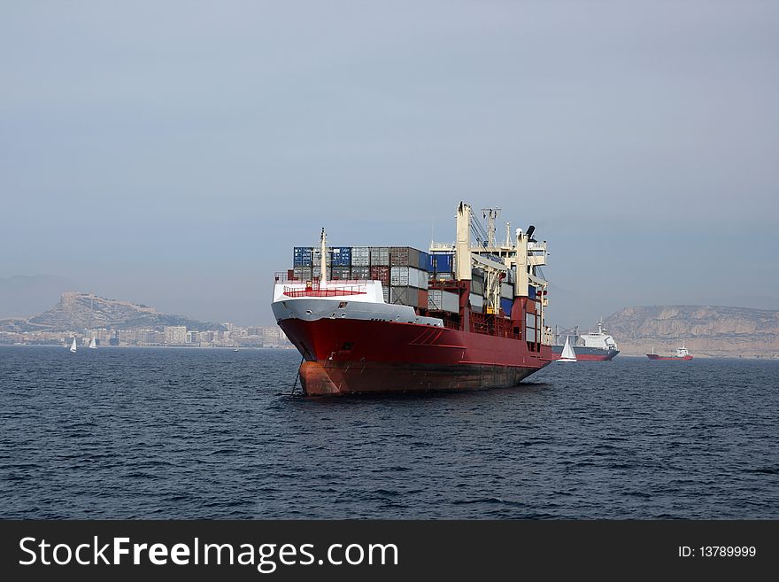 Container ship anchored in Alicante Bay