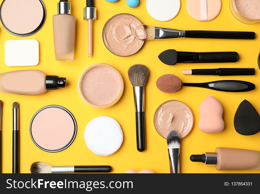 Flat Lay Composition With Skin Foundation, Powder And Beauty Accessories