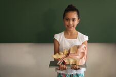 Front View Of Smiling Asian Schoolgirl Holding Anatomical Model And Looking At Camera In Classroom Royalty Free Stock Photo
