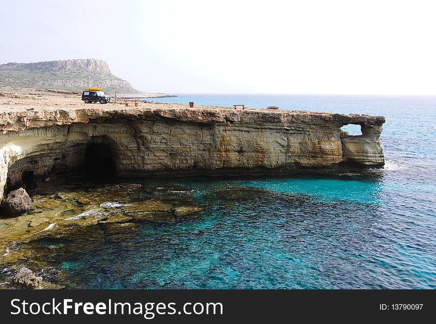 Sea caves near Cape Greko. Mediterranean Sea. Sea caves near Cape Greko. Mediterranean Sea.