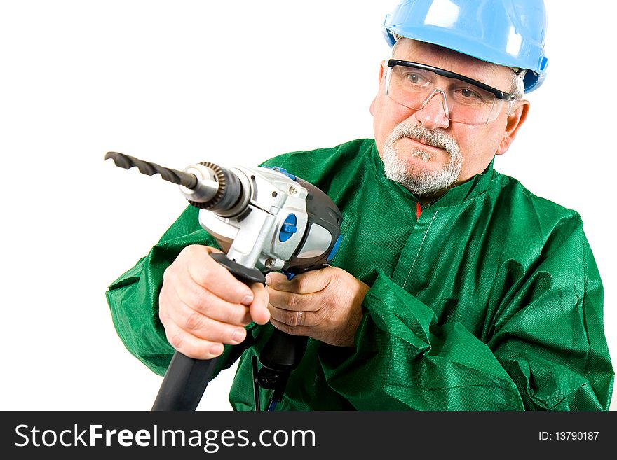 Construction worker holding the electric hand drill. Construction worker holding the electric hand drill