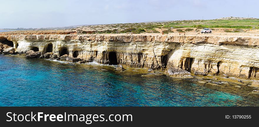 Sea caves near Cape Greko. Mediterranean Sea. Sea caves near Cape Greko. Mediterranean Sea.