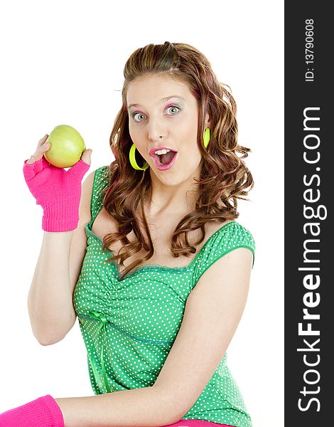 Portrait of young woman with green apple. Portrait of young woman with green apple