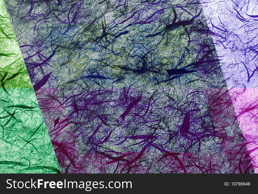 Mulberry paper background in shades of green and purple. Mulberry paper background in shades of green and purple.