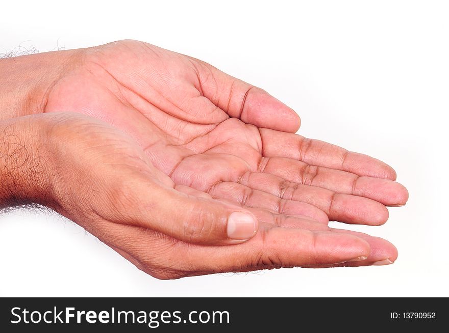 Open hands of a man in white background