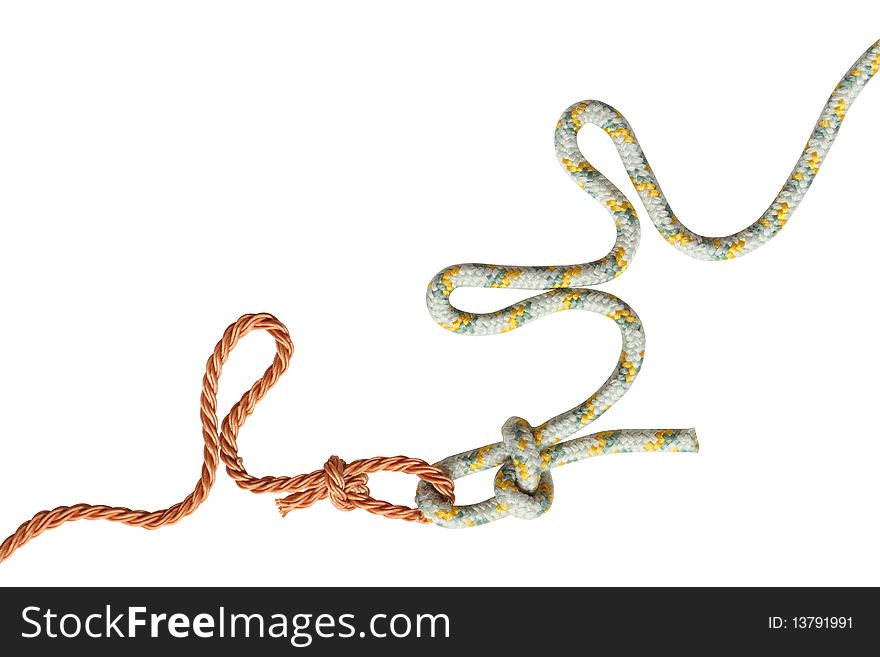 Two ropes with knots isolated on white background with clipping path