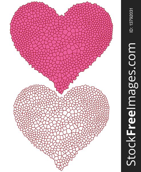 Red hearts with broken texture,. Red hearts with broken texture,