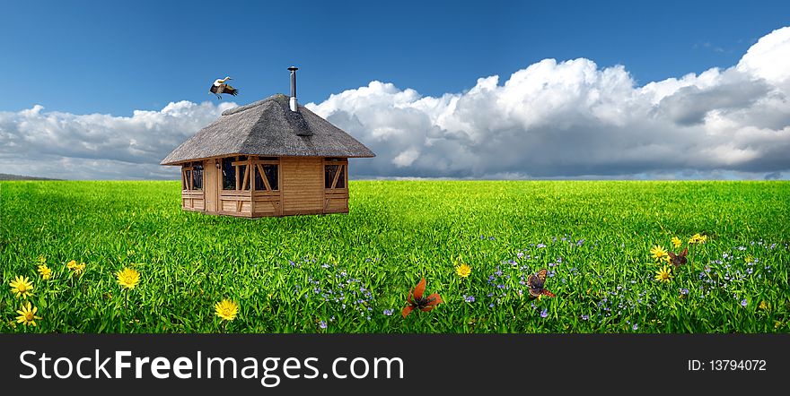 Little house on flowery meadow and stork. Little house on flowery meadow and stork