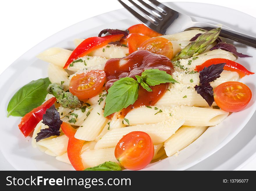 Pasta with tomato souse, basil and vegetables. Pasta with tomato souse, basil and vegetables