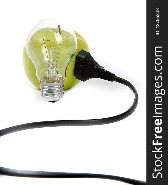 Electrical apple with electrical cord over white background