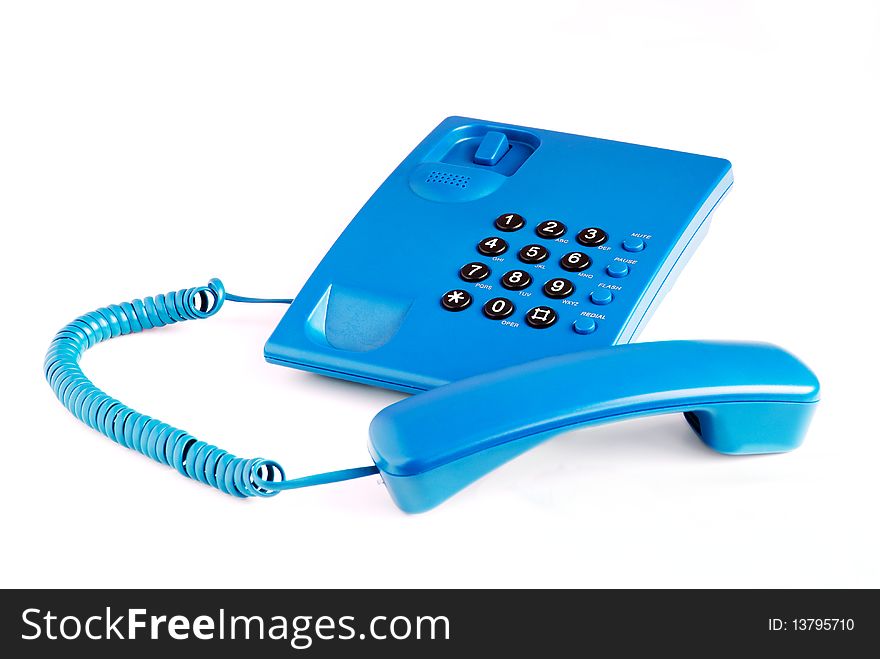 Blue office phone on a white background