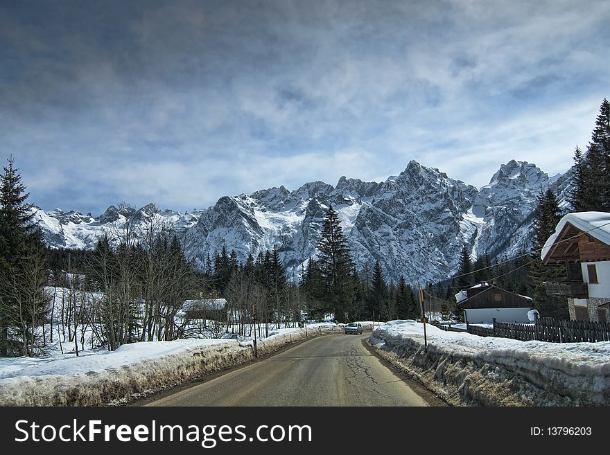 Snow On The Dolomites Mountains, Italy