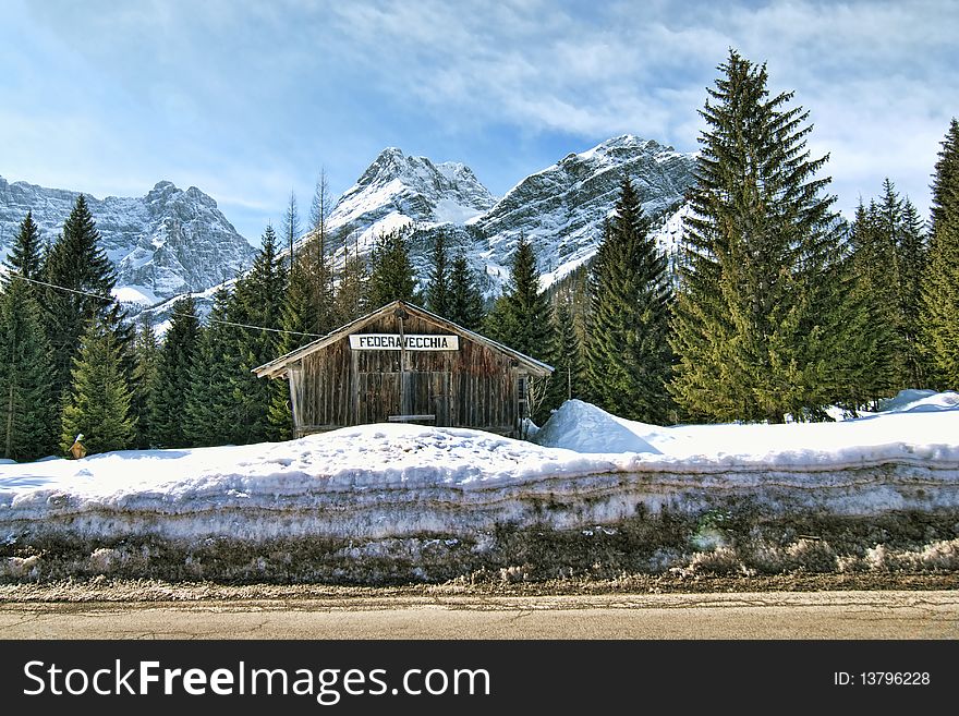 Snow on the Dolomites Mountains, Italy