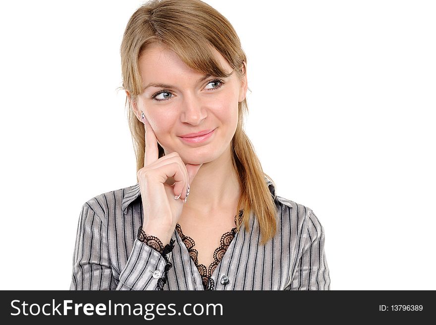 Portrait of  reflecting young woman smiling over white background