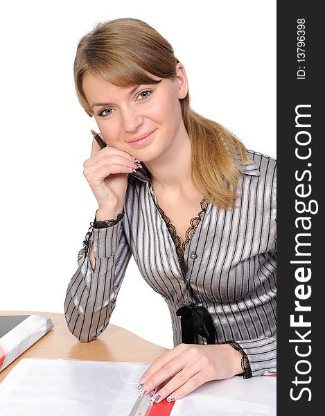 Portrait of business woman with a folder, smiling on a white background