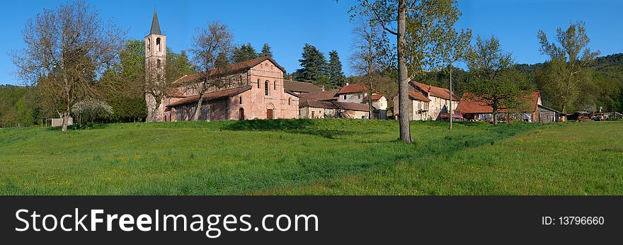 Panoramic view of the Cistercian Abbey of Tiglieto, built in 1120 AD (multiple images stitched). Panoramic view of the Cistercian Abbey of Tiglieto, built in 1120 AD (multiple images stitched)