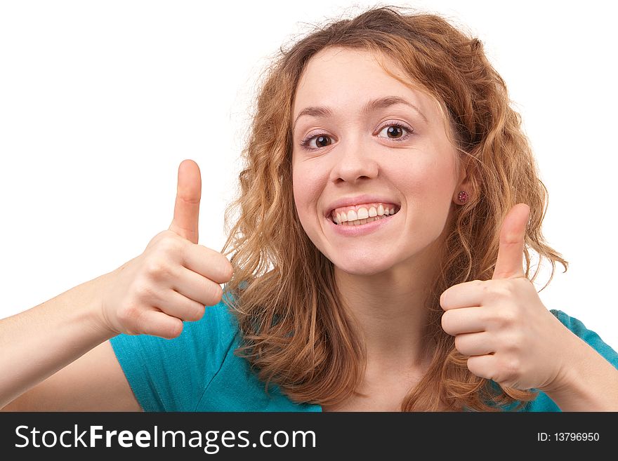 Young beautiful smiling woman with approving hands