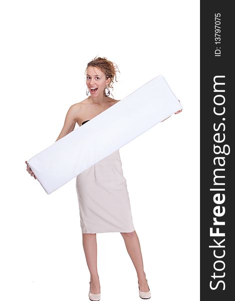 Beautiful business woman showing white empty board. Beautiful business woman showing white empty board