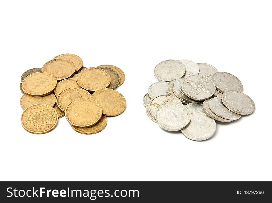 Two mounds of old spanish coins (pesetas, pre-euro). Two mounds of old spanish coins (pesetas, pre-euro)