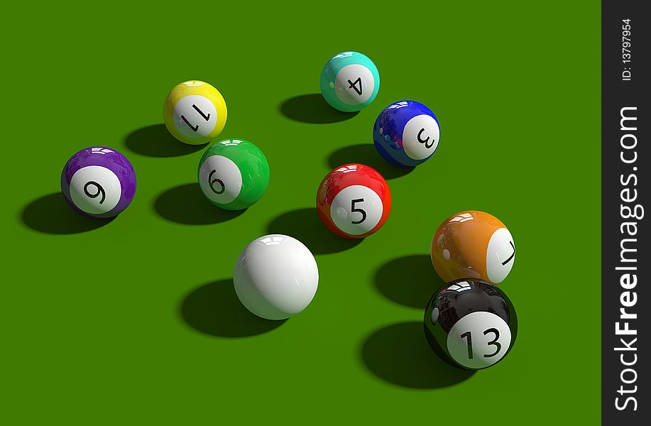 Billiard balls on the green table