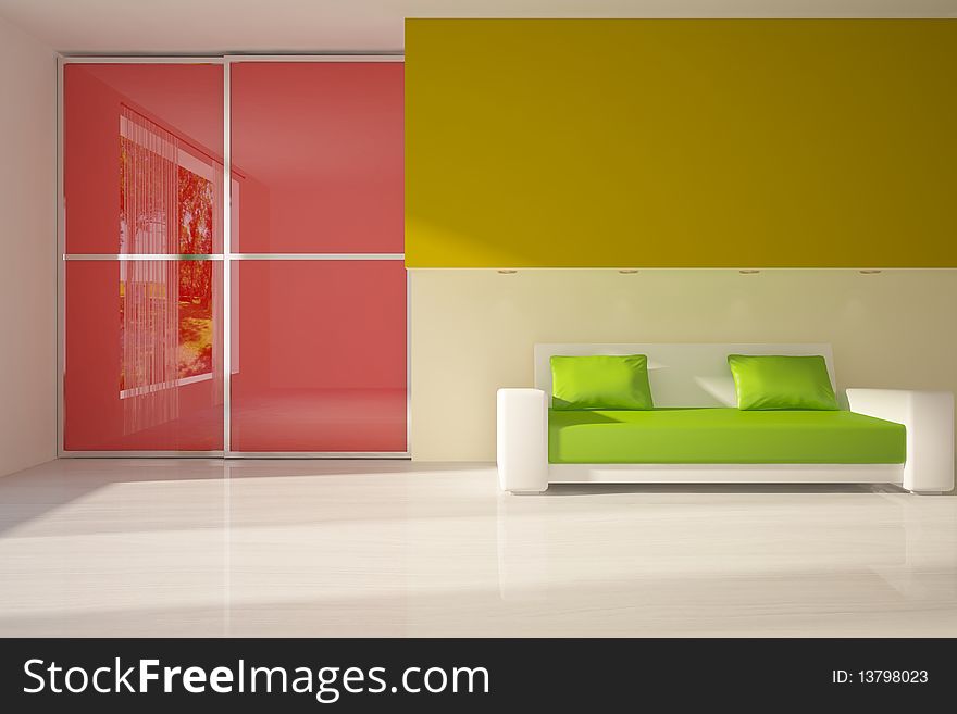 Colored interior composition with green sofa