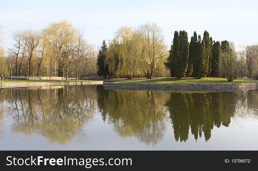The spring park, lake and the reflection of trees in it