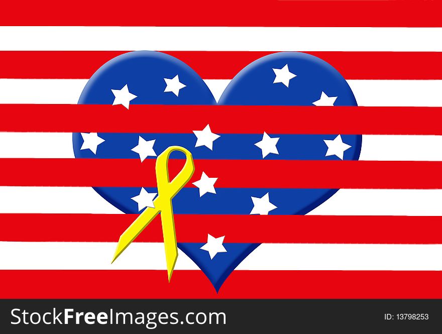 Yellow ribbon on blue heart with stars and stripes. Yellow ribbon on blue heart with stars and stripes.