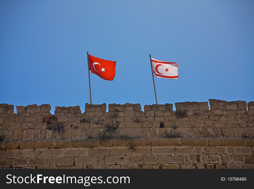 Turkey and Cyprus flag on ancient wall