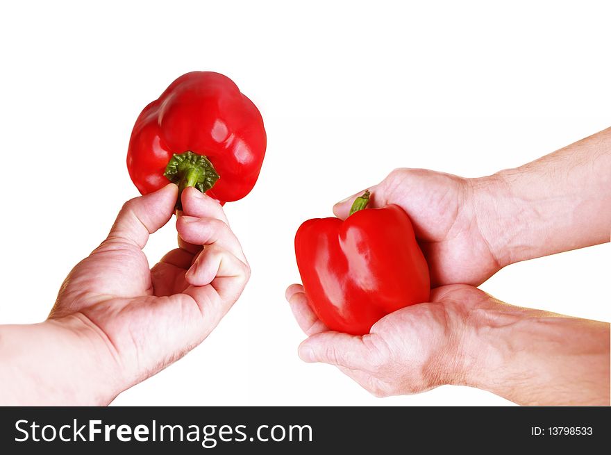 Two red pepper in man's hands isolated