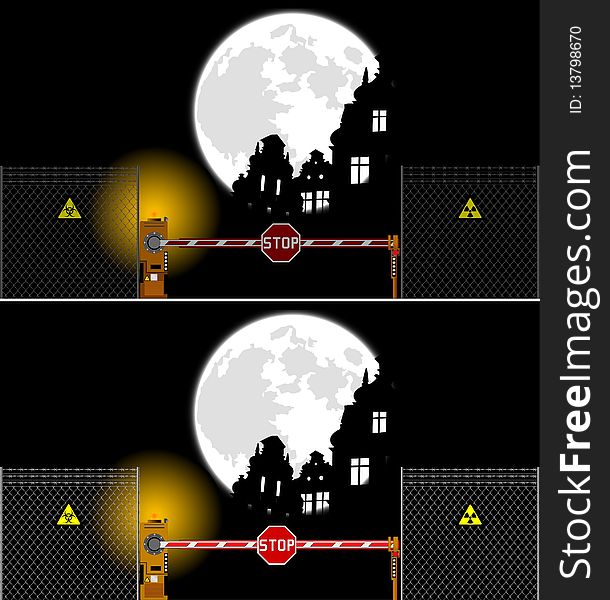 Barrier gate and ruins.  illustration