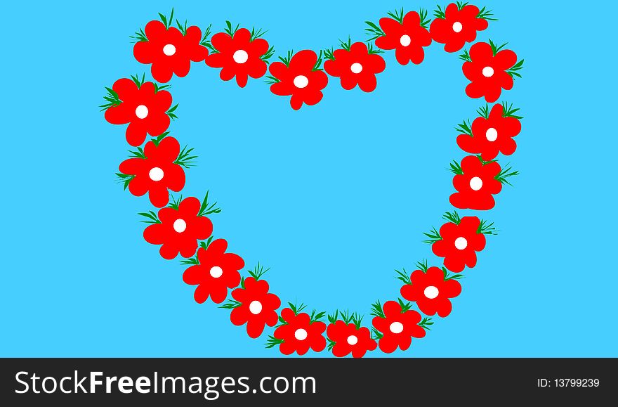The heart with flowers on blue background