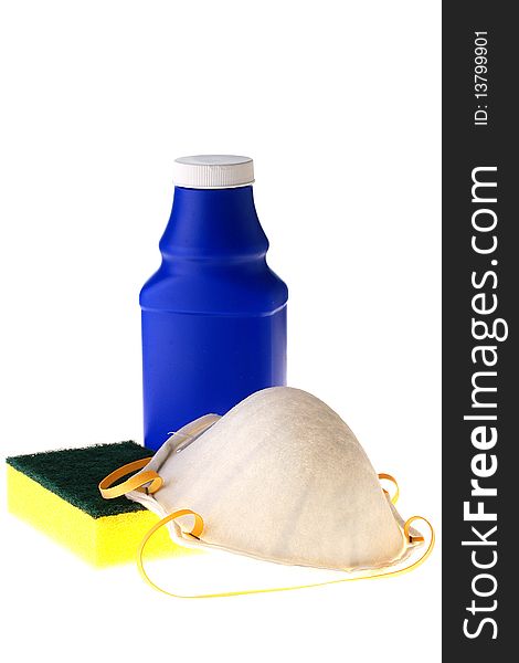 Protective mask for work with chemical substances, a bast and the plastic container for cleaning service.