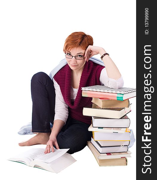 Student girl with many books isolated on white background. Student girl with many books isolated on white background