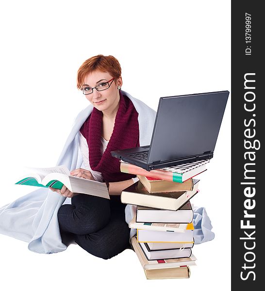 Student girl with many books isolated on white background. Student girl with many books isolated on white background