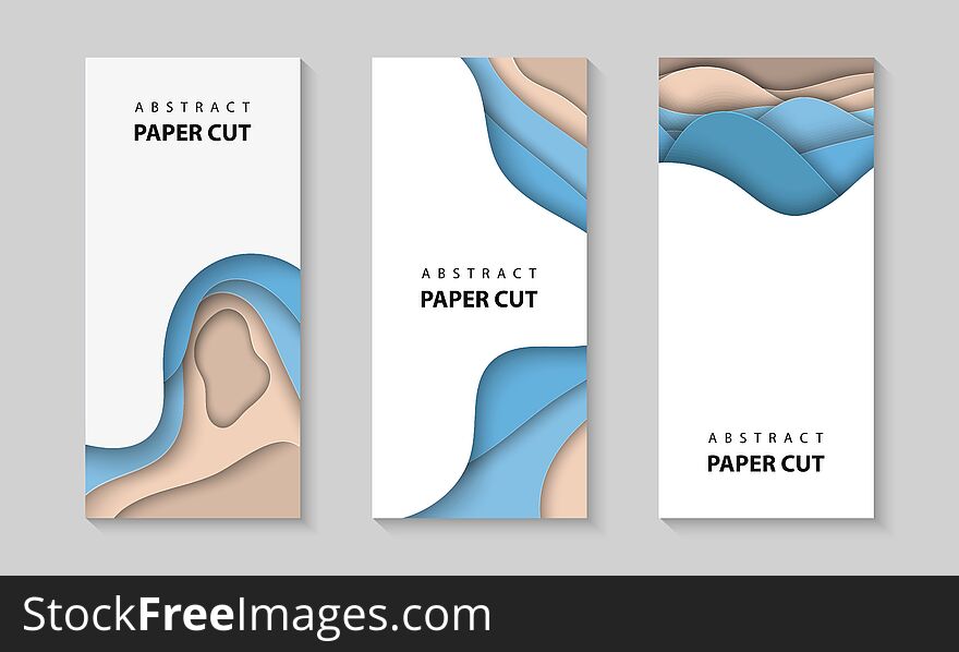 Vector vertical flyers with paper cut waves shapes. 3D abstract paper style, design layout for business presentations, flyers