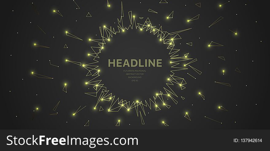 Polygonal wireframe mesh futuristic with circle frame, concept sign on dark background. Vector lines, dots and triangle shapes