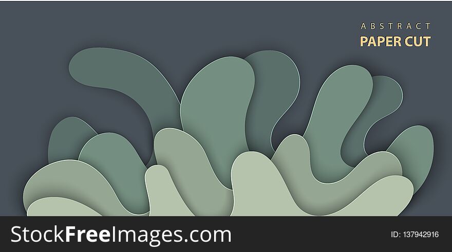 Vector background with splash water paper cut shapes in dark green color. 3D abstract paper art style, design layout