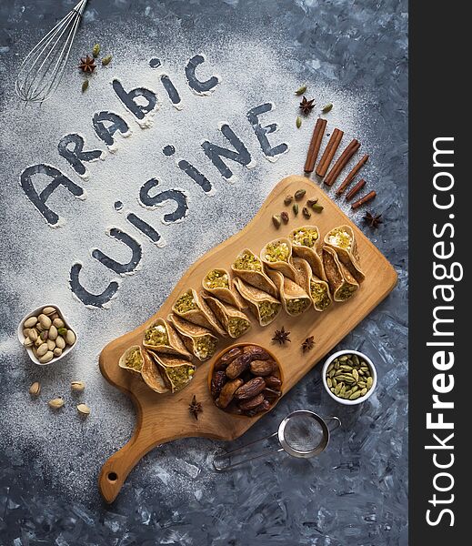 Arabic food background with an inscription in Arabic cuisine. Arabic food background with an inscription in Arabic cuisine