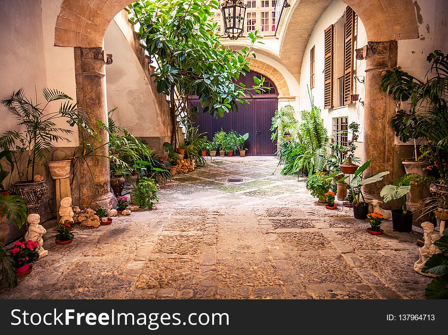 Beautiful arabic gardens in Historic bath. Banys arabs in Palma de Mallorca. Inerior of old bath with ceramic bowls.