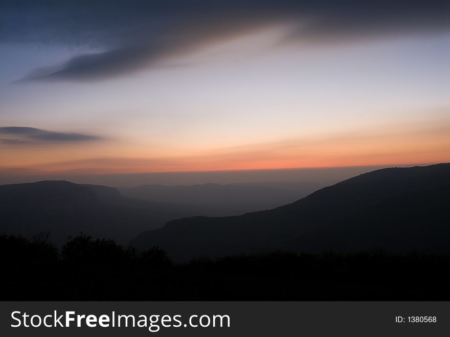 Clouds in sunset. The Crimea mountains. Spring.