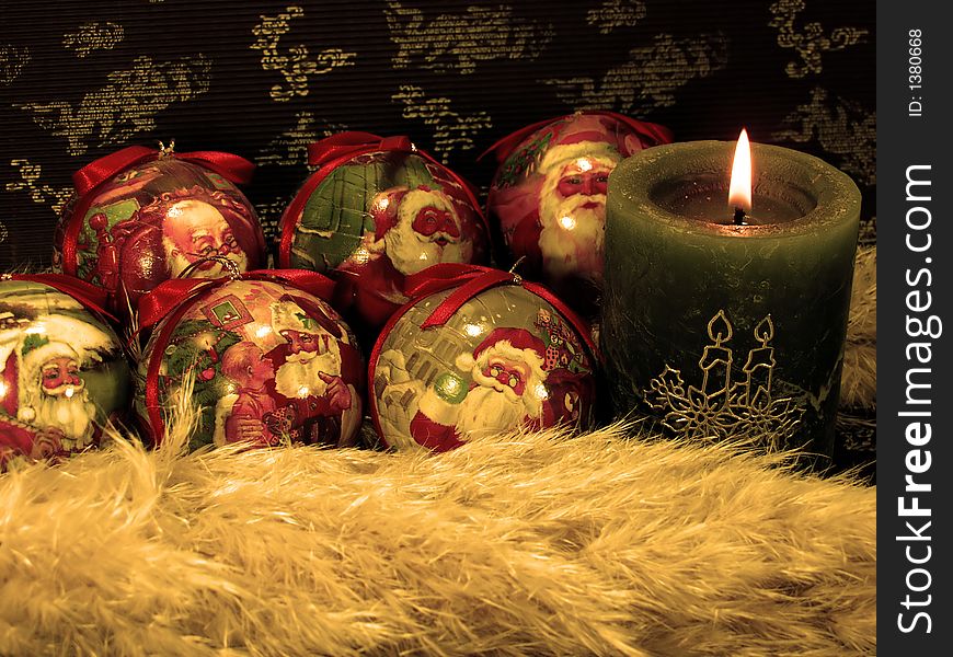 Details of chritsmas decoration whit candle and ball. Details of chritsmas decoration whit candle and ball