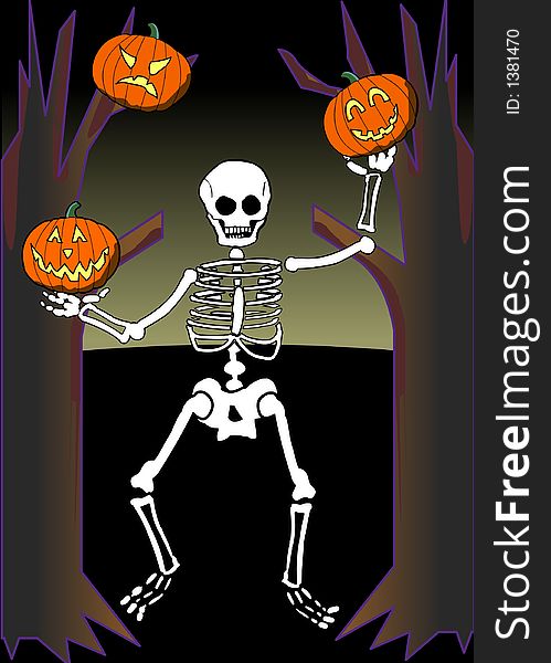 Skeleton Juggling Pumpkins, Halloween Scene.