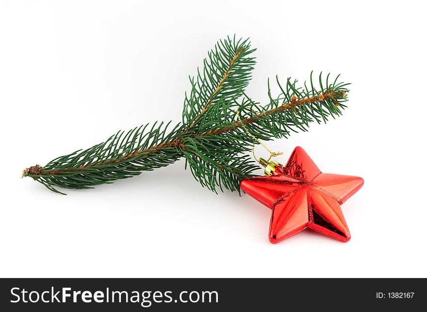 Isolated christmas decoration on white background (Twig and red star)