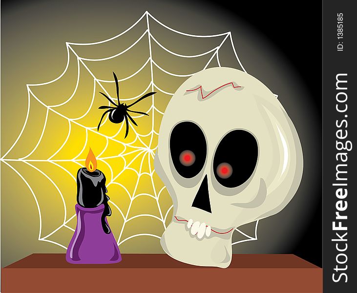 A scary skull with a spiderweb and candle. A scary skull with a spiderweb and candle